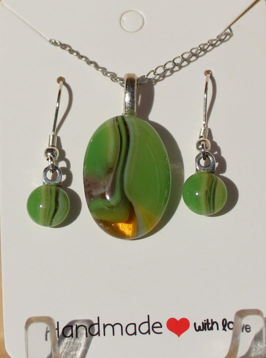 Green Striped Puddle Necklace and Earring Set