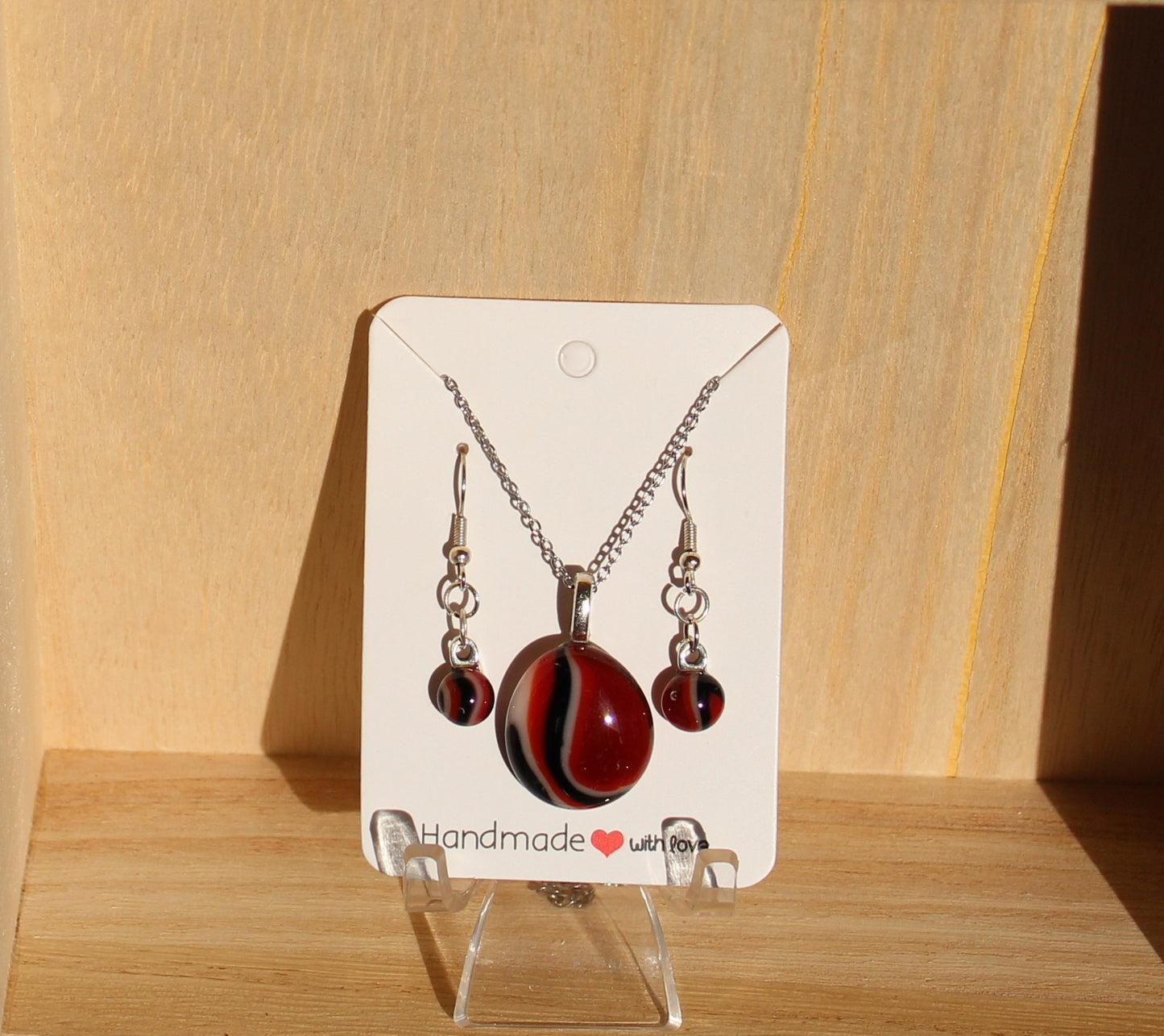 Red Striped Puddle Necklace and Earring Set